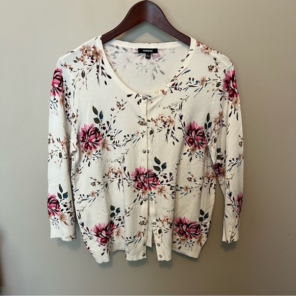 Premise Sweaters - Premise Floral Cardigan - Cream and Pink snap front elbow sleeve work occasion